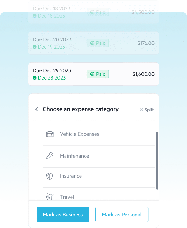 Screens from the Lili platform, showing the ability to categorize payments made using Lili's Bill Pay solution