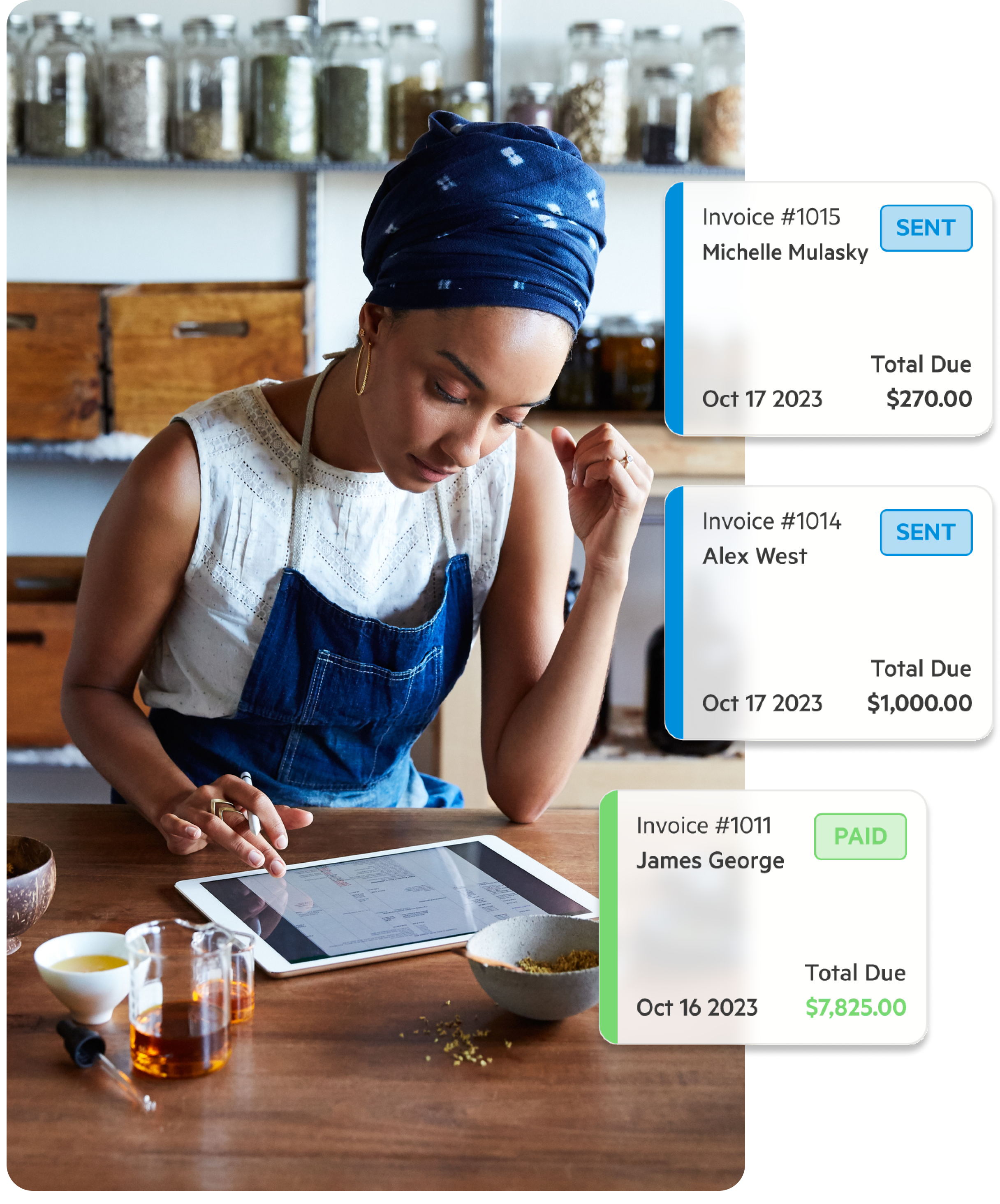 A Lili customer reviewing an invoice in the Lili business banking web app, with an overlay of sent and paid invoices within Lili's Invoicing Software.