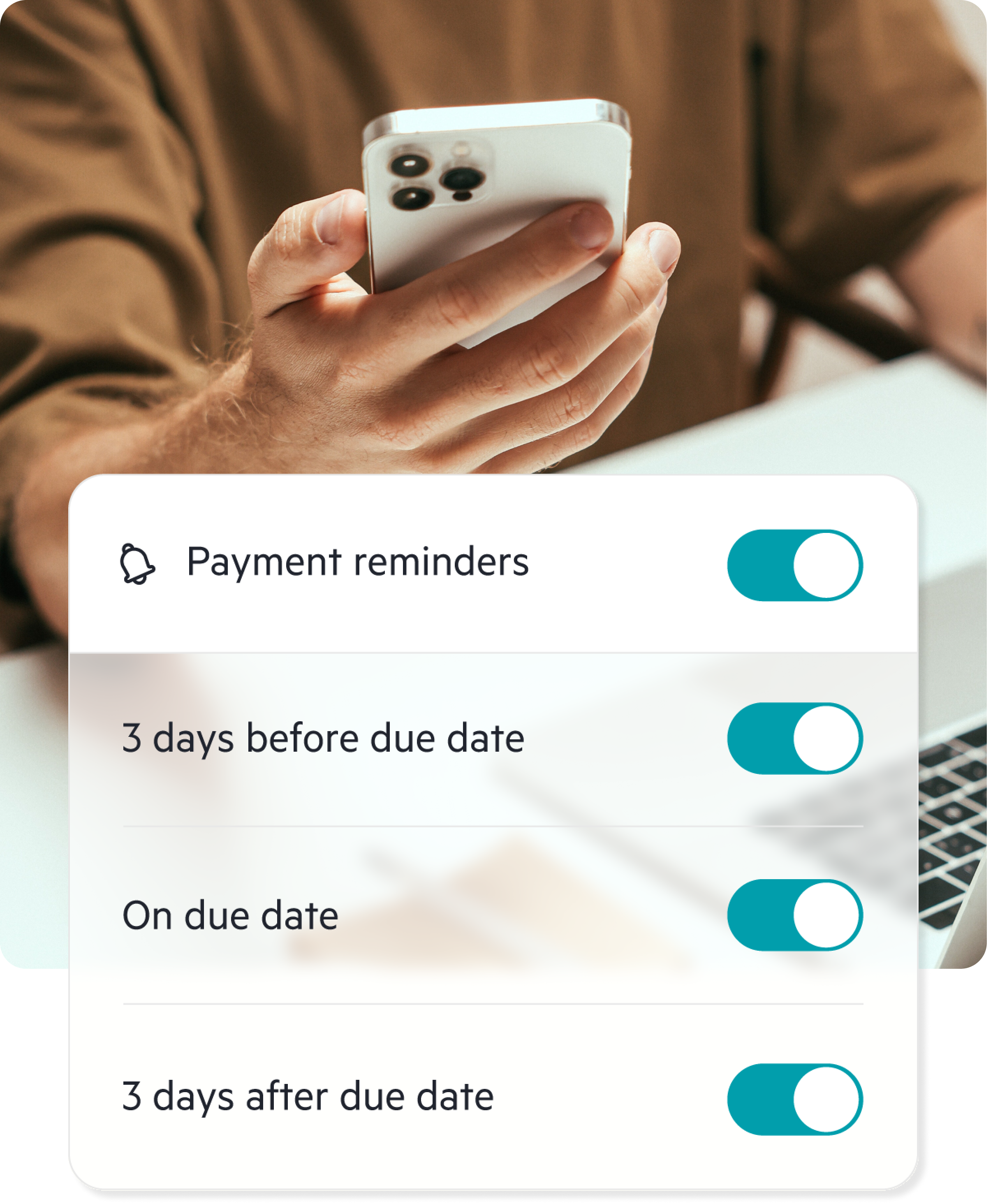 A Lili customer viewing the Lili business banking mobile app, with an overlay of invoice reminder settings within Lili's Invoicing Software