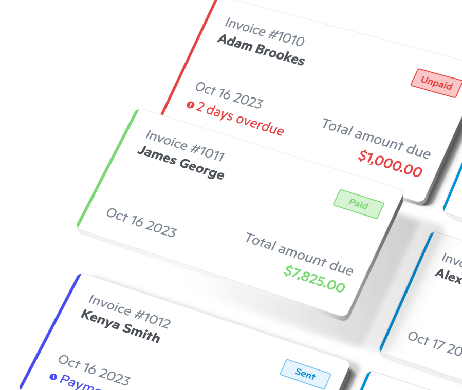 A three-dimensional showcase of invoice tracking within Lili's Invoicing Software, displaying paid, sent and overdue invoices.