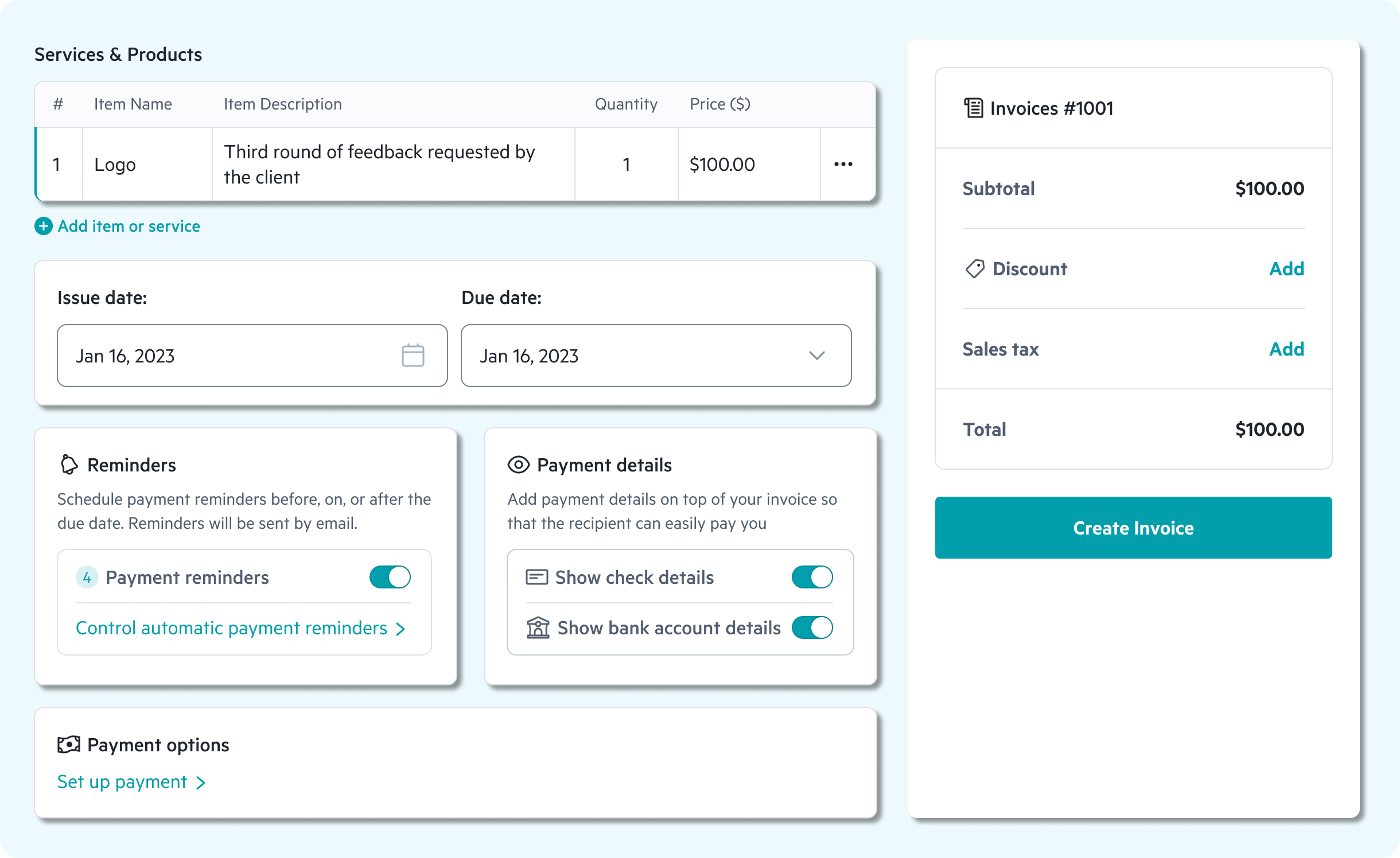 The main screen of Lili's invoicing software within the web platform, displaying the invoice creation process, including how to add items or services, define the issue date and due date, add reminders, payment details, discounts, and sales tax.